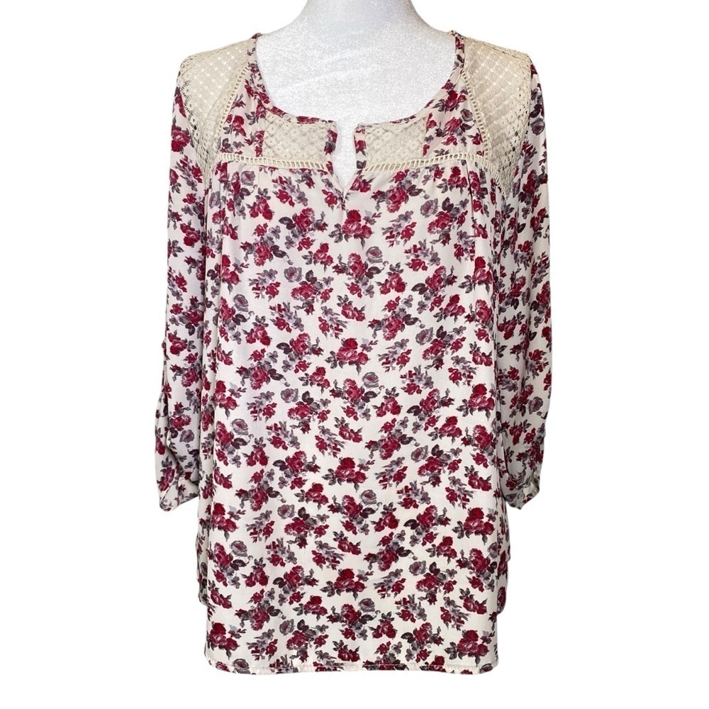Rewind Woman's size M Red Cream rose Patterned Tunic Peasant Blouse Lace accents